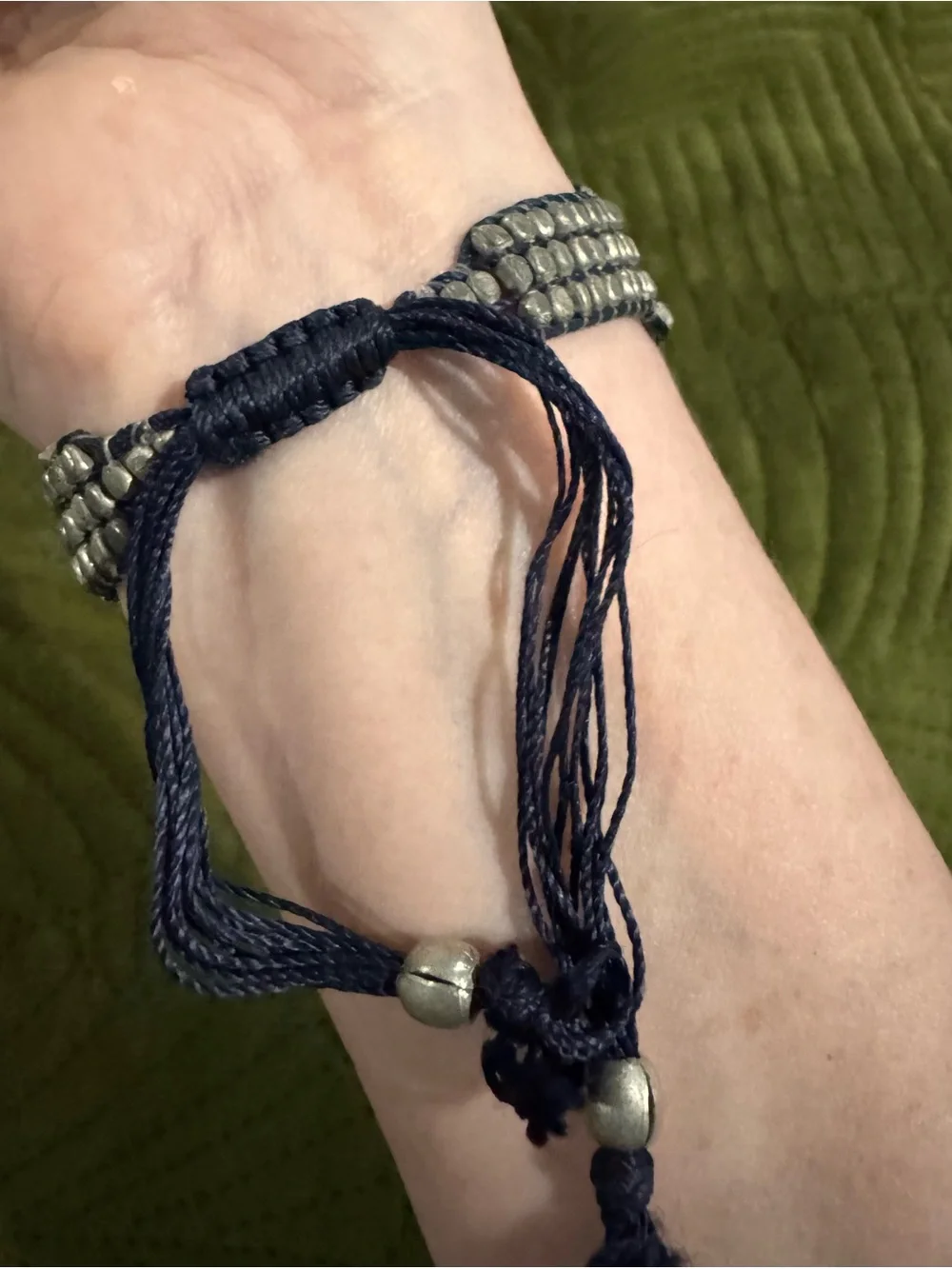 Beaded Metal Mesh Bracelet in Silver with Navy Cord